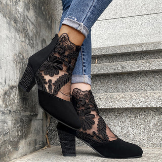 Lace Panel Heeled Ankle Boots in Black — VerolynBoutique