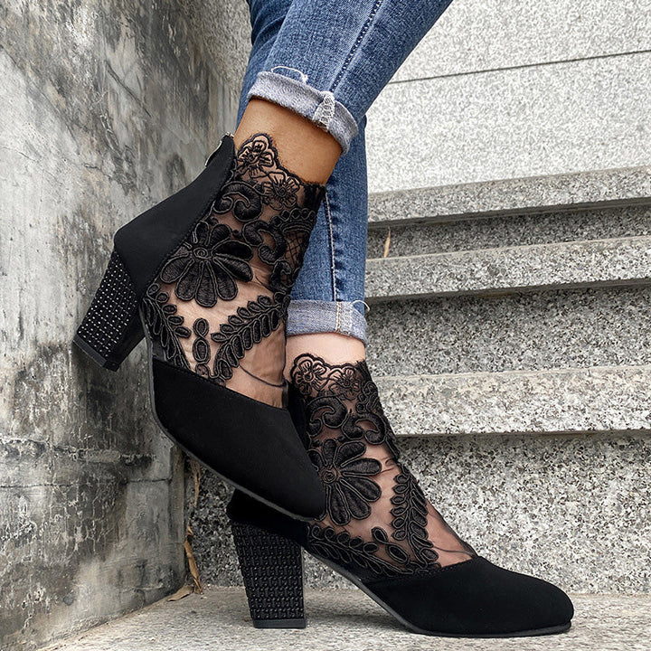 Lace Panel Heeled Ankle Boots in Black — VerolynBoutique