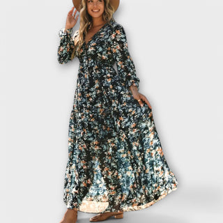 Floral V-Neck Tiered Maxi Dress in Navy — VerolynBoutique