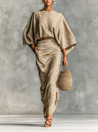 Batwing Sleeve Maxi Skirt Set in Khaki — VerolynBoutique