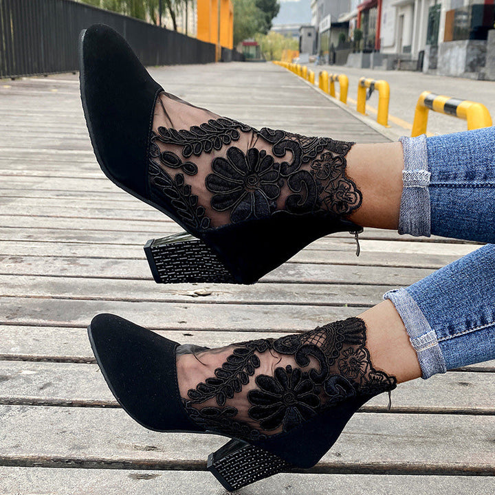 Lace Panel Heeled Ankle Boots in Black — VerolynBoutique