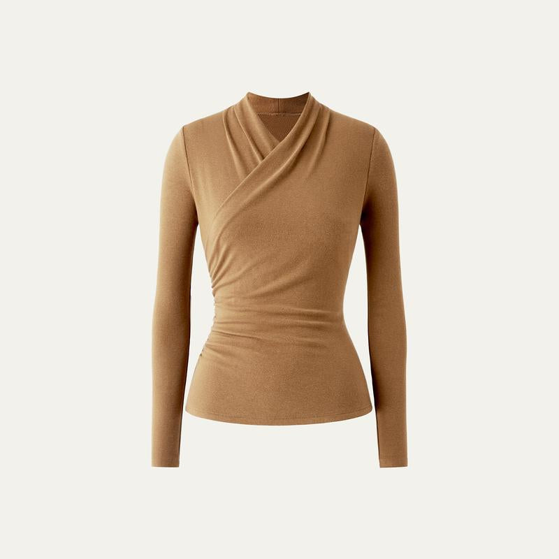 Ruched Surplice Long Sleeve Top in Camel — VerolynBoutique