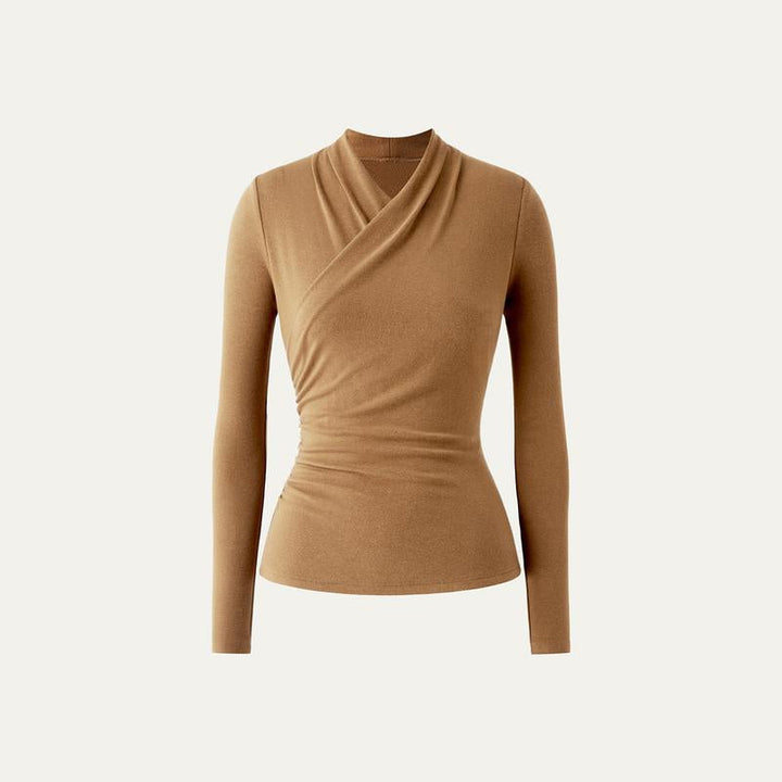 Ruched Surplice Long Sleeve Top in Camel — VerolynBoutique