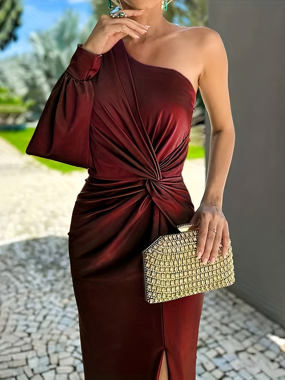 One-Shoulder Draped Evening Gown in Green — VerolynBoutique