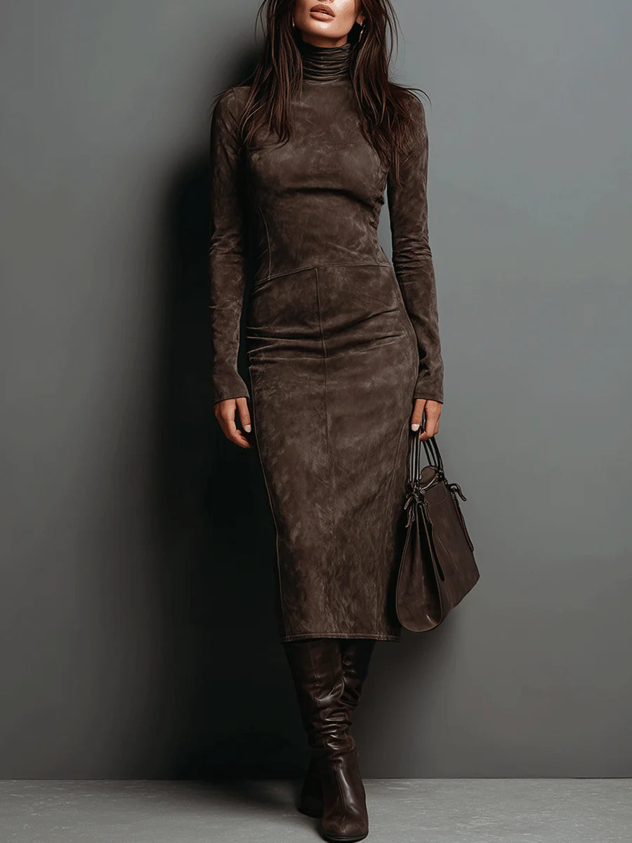 Fitted High Neck Midi Dress in Brown — VerolynBoutique