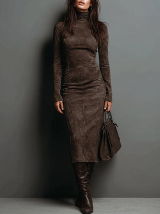 Fitted High Neck Midi Dress in Brown — VerolynBoutique