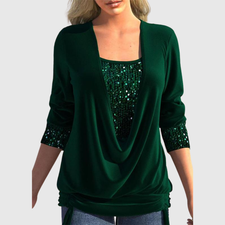 Sequin Layer Draped Blouse in Green — VerolynBoutique