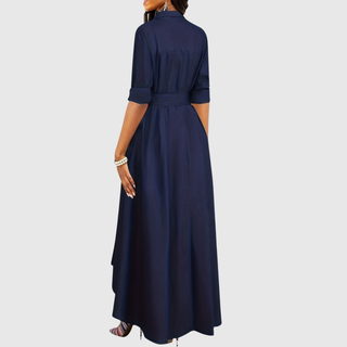 Button-Front Belted Maxi Dress in Navy — VerolynBoutique