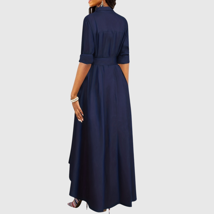Button-Front Belted Maxi Dress in Navy — VerolynBoutique