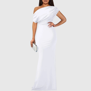 Draped One-Shoulder Formal Gown in White — VerolynBoutique
