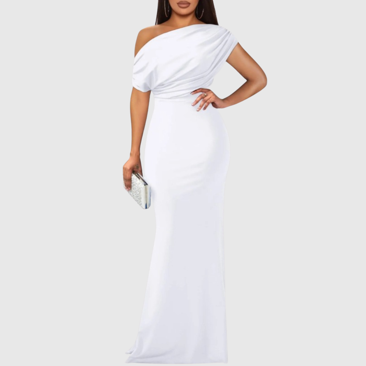 Draped One-Shoulder Formal Gown in White — VerolynBoutique