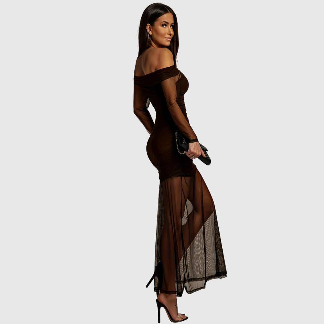 Off-Shoulder Mesh Evening Dress in Coffee Brown — VerolynBoutique