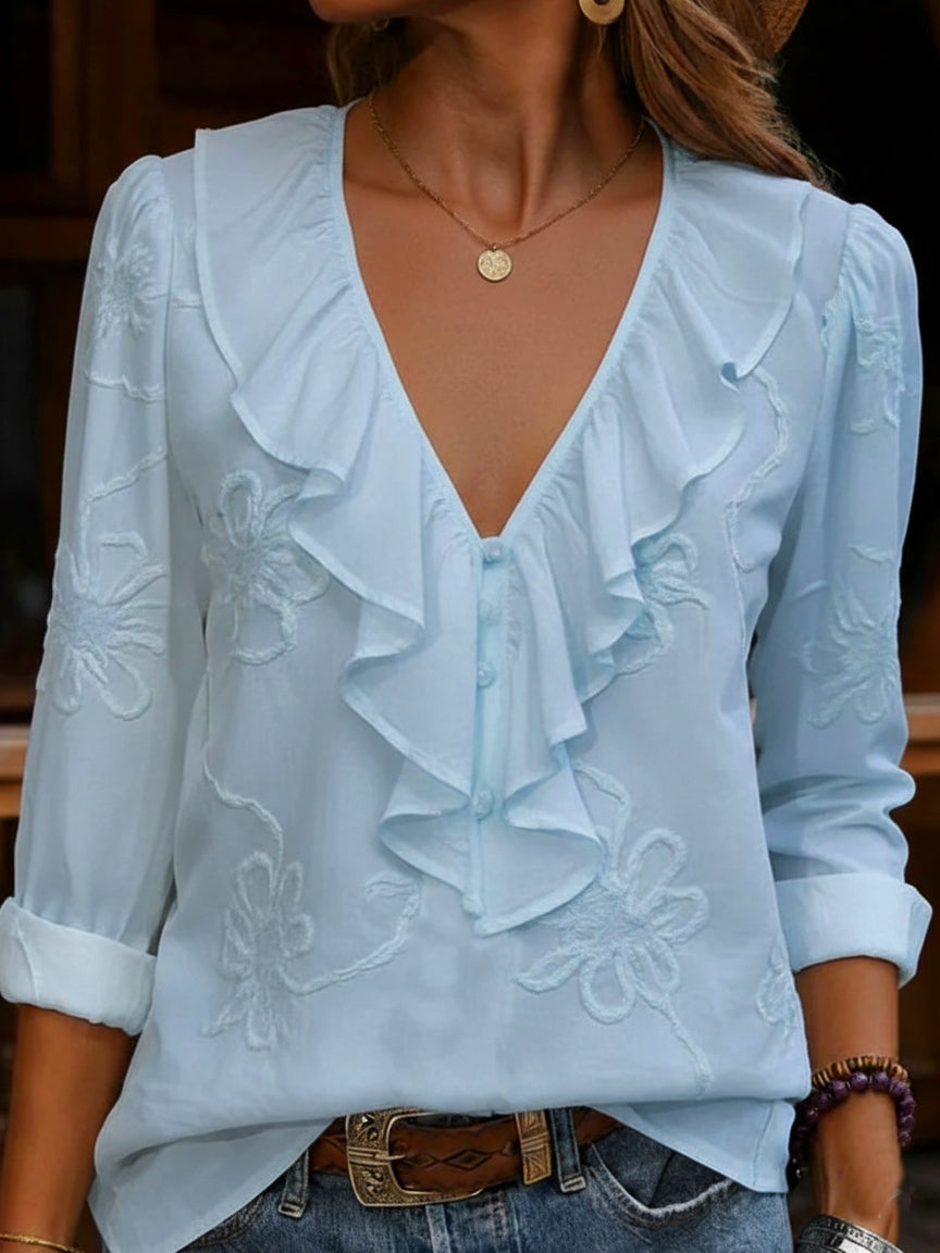 Embroidered Ruffle V-Neck Blouse in Sky Blue — VerolynBoutique