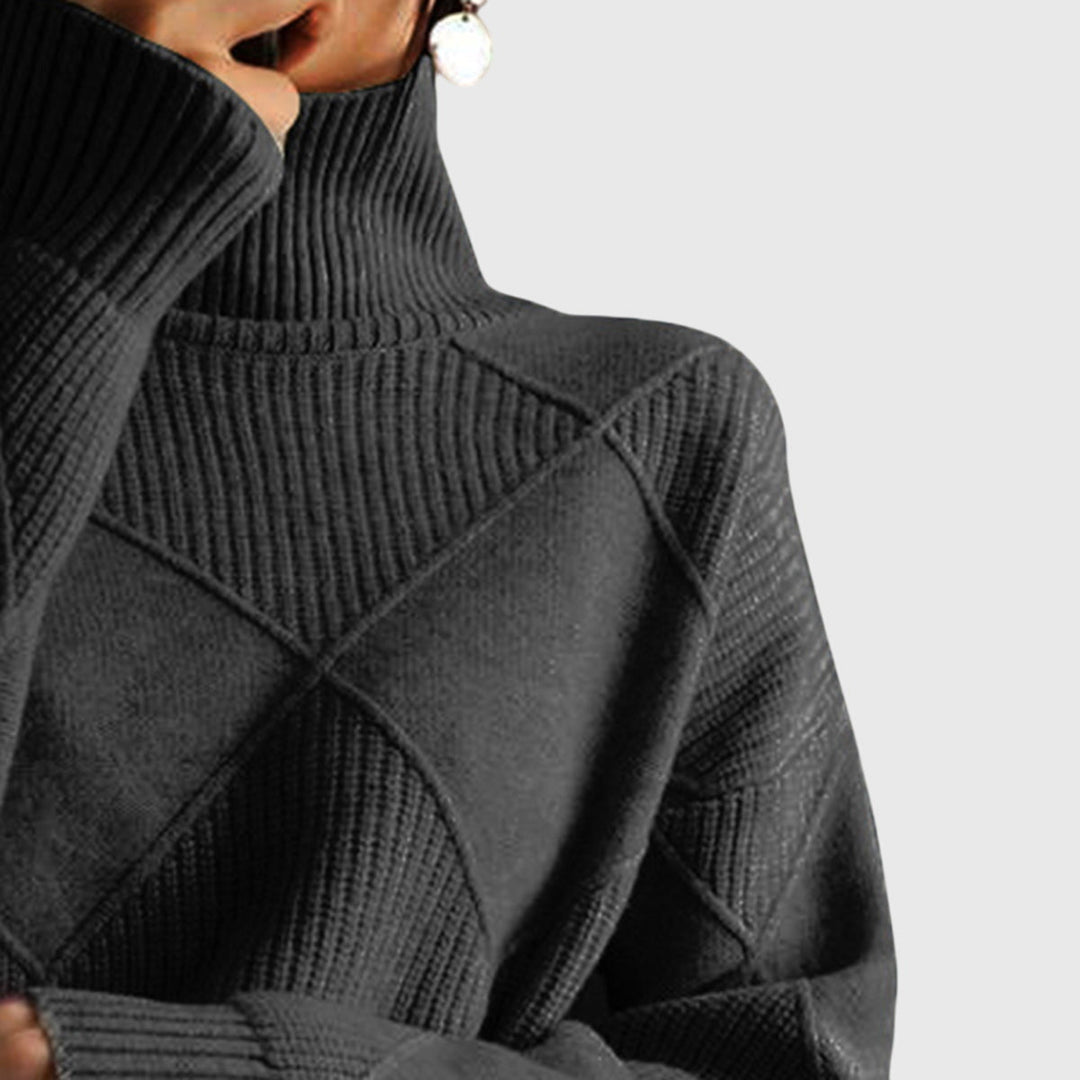 Geometric Knit Roll Neck Jumper in Black — VerolynBoutique