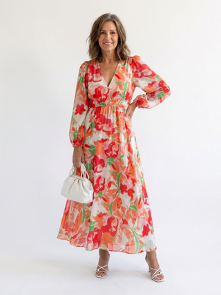 Long Sleeve Floral Maxi Dress in Orange — VerolynBoutique