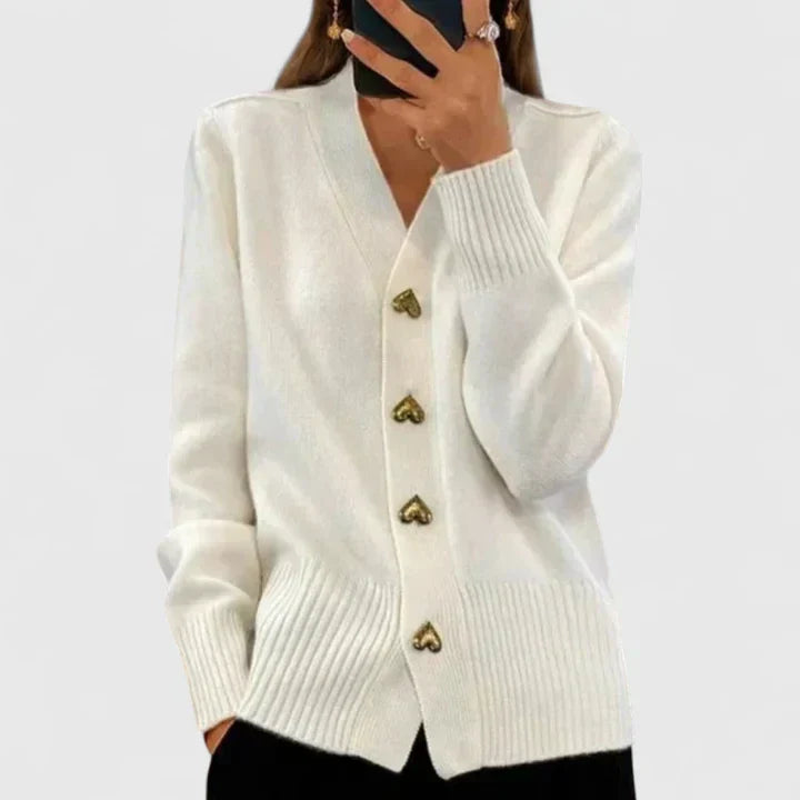 Heart Button V-Neck Cardigan in White — VerolynBoutique
