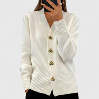 Heart Button V-Neck Cardigan in White — VerolynBoutique