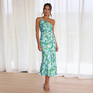 Floral One-Shoulder Satin Gown in Mint — VerolynBoutique