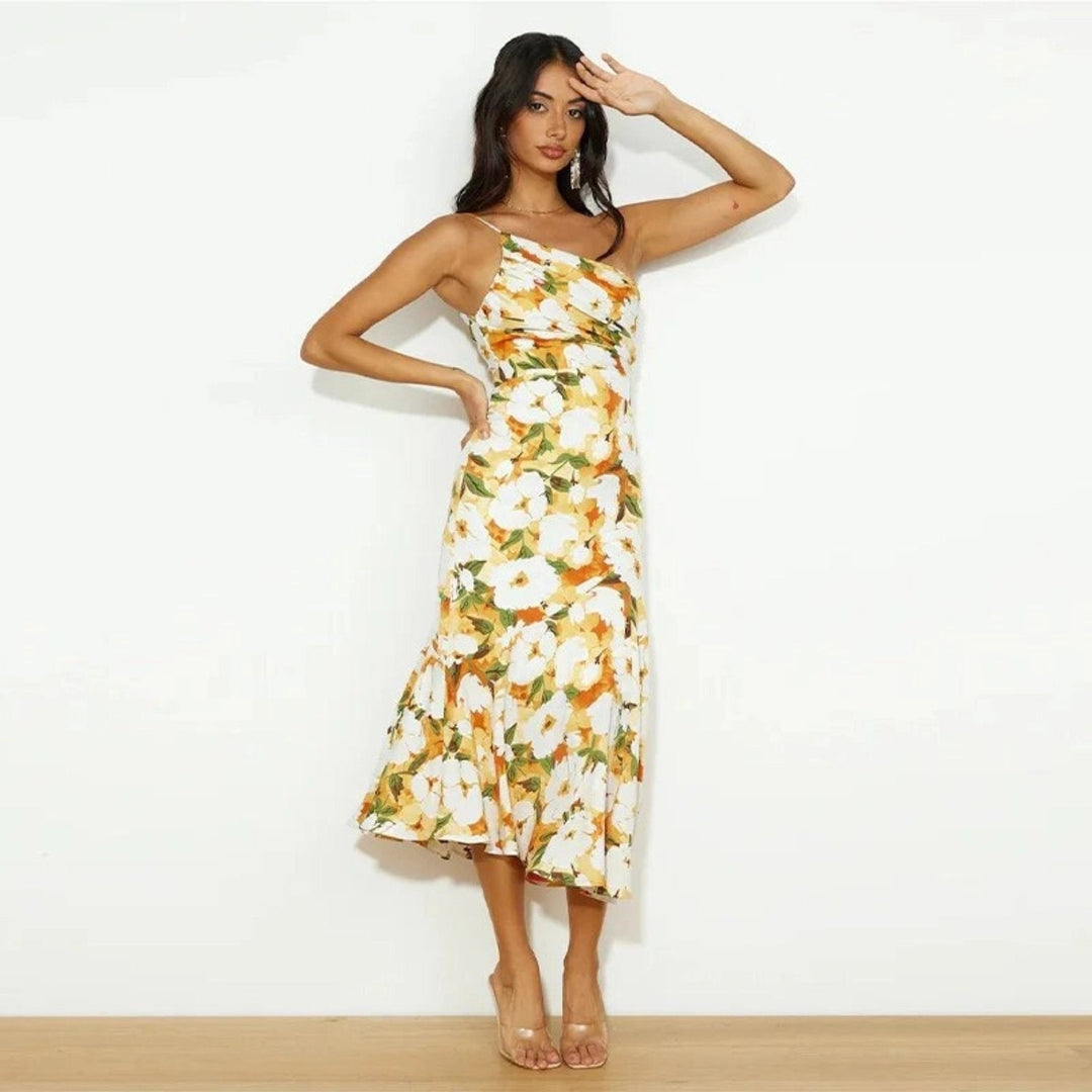 Floral One-Shoulder Satin Gown in Yellow — VerolynBoutique