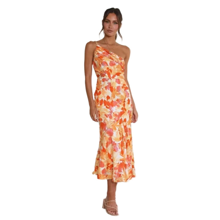 Floral One-Shoulder Satin Gown in Pink — VerolynBoutique