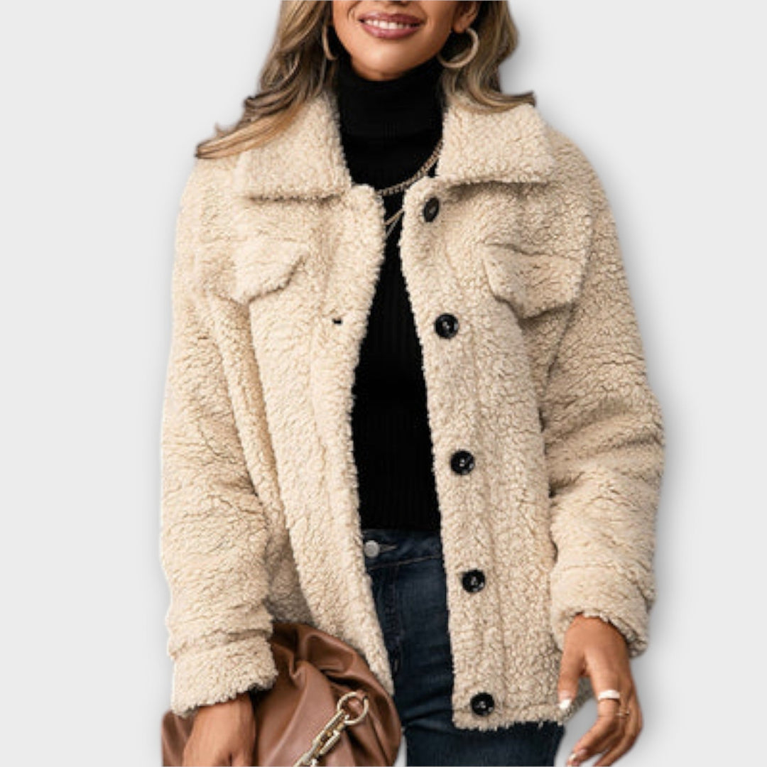 Flap Pocket Teddy Jacket in Beige — VerolynBoutique