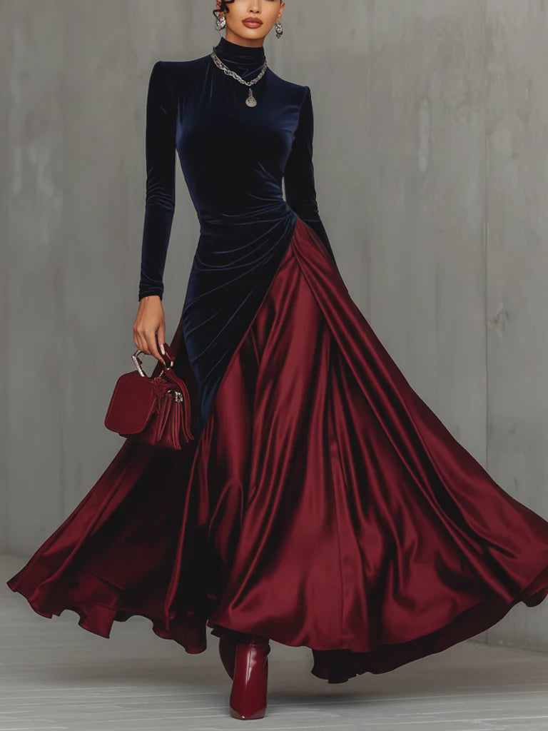 Velvet and Satin Maxi Dress in Navy & Burgundy — VerolynBoutique