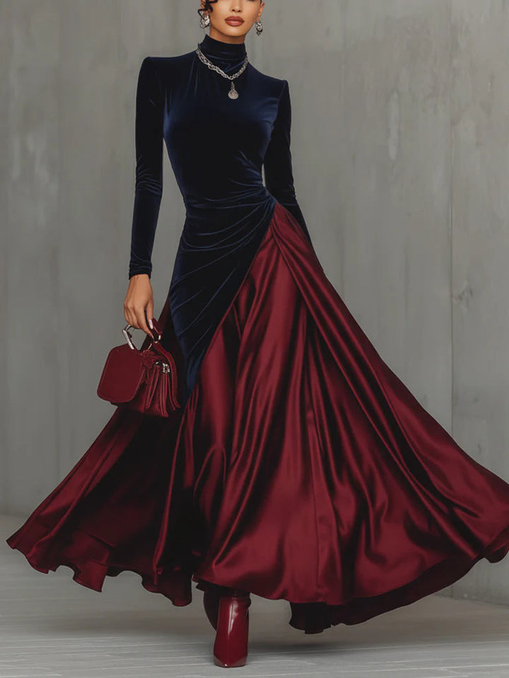 Velvet and Satin Maxi Dress in Navy &amp; Burgundy — VerolynBoutique