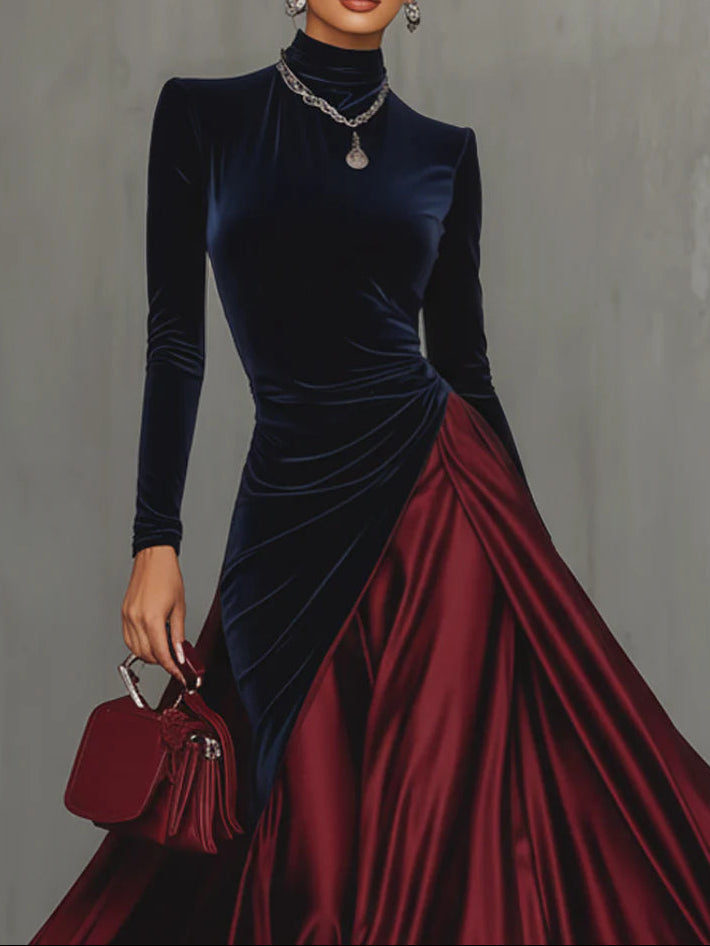 Velvet and Satin Maxi Dress in Navy &amp; Burgundy — VerolynBoutique