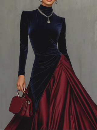Velvet and Satin Maxi Dress in Navy &amp; Burgundy — VerolynBoutique