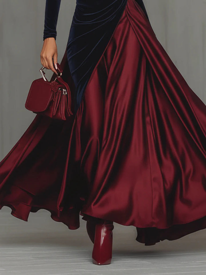 Velvet and Satin Maxi Dress in Navy &amp; Burgundy — VerolynBoutique
