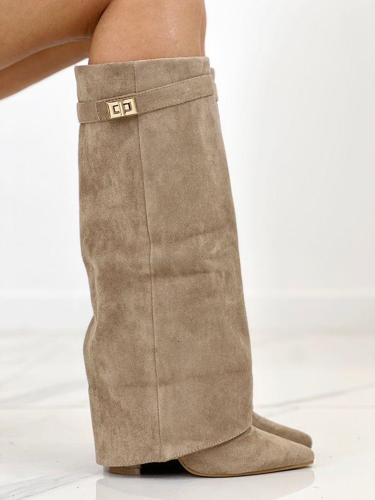 Khaki Suede Fold-Over Boots in Khaki — VerolynBoutique
