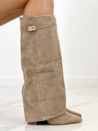 Khaki Suede Fold-Over Boots in Khaki — VerolynBoutique