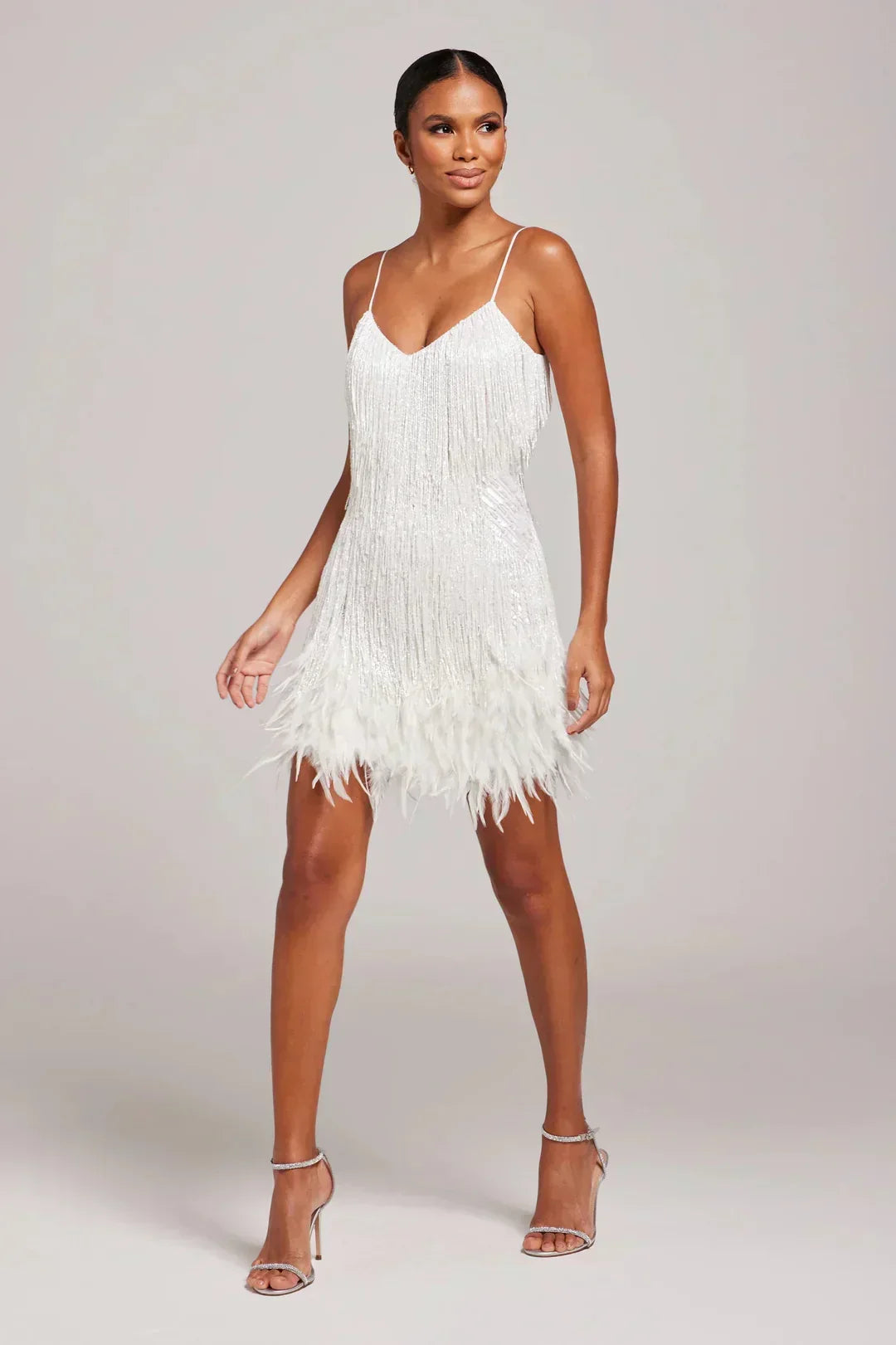 Feather Trim Mini Dress in White — VerolynBoutique