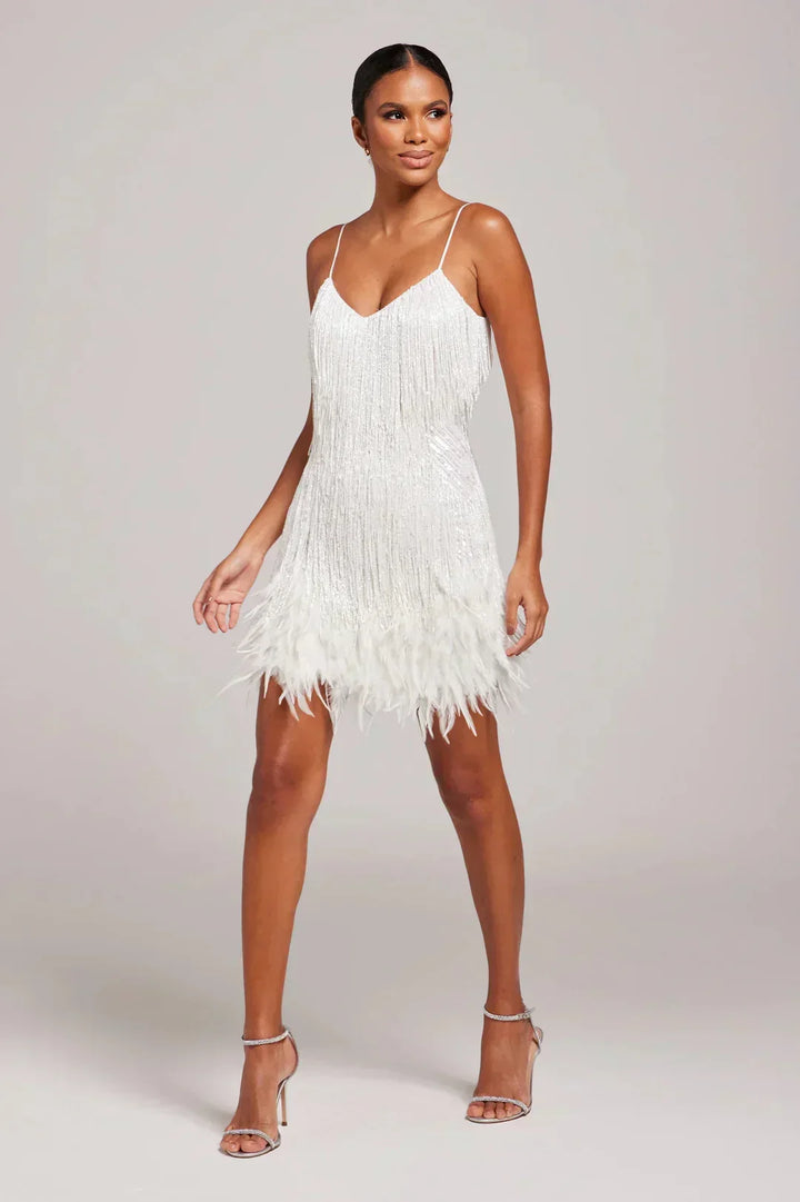 Feather Trim Mini Dress in White — VerolynBoutique