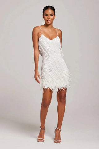 Feather Trim Mini Dress in White — VerolynBoutique
