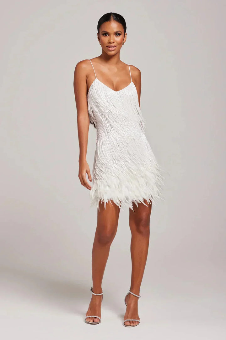 Feather Trim Mini Dress in White — VerolynBoutique