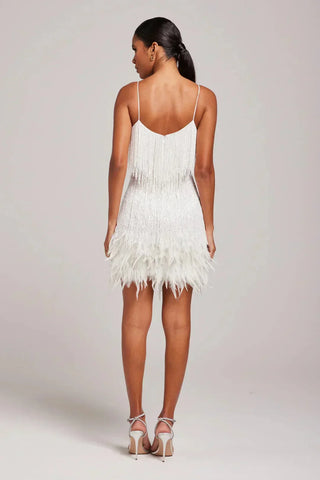 Feather Trim Mini Dress in White — VerolynBoutique