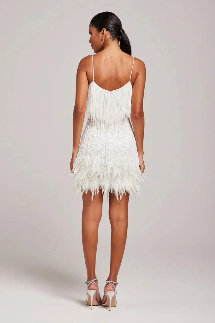 Feather Trim Mini Dress in White — VerolynBoutique