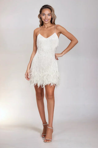 Feather Trim Mini Dress in White — VerolynBoutique