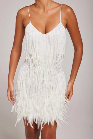 Feather Trim Mini Dress in White — VerolynBoutique