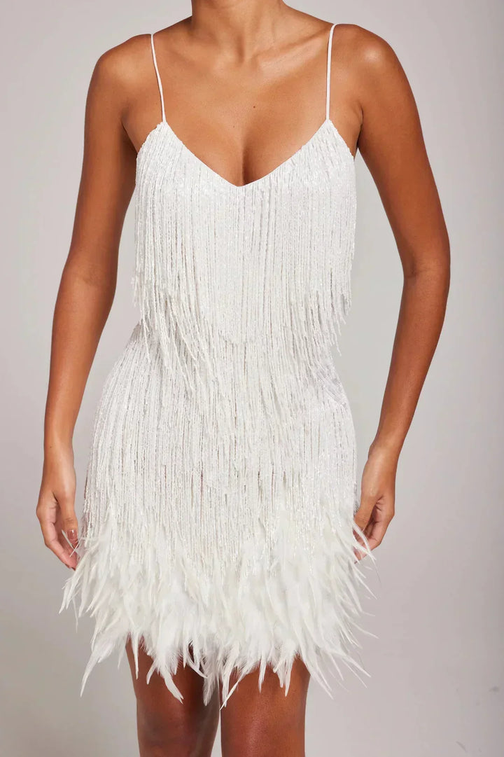 Feather Trim Mini Dress in White — VerolynBoutique