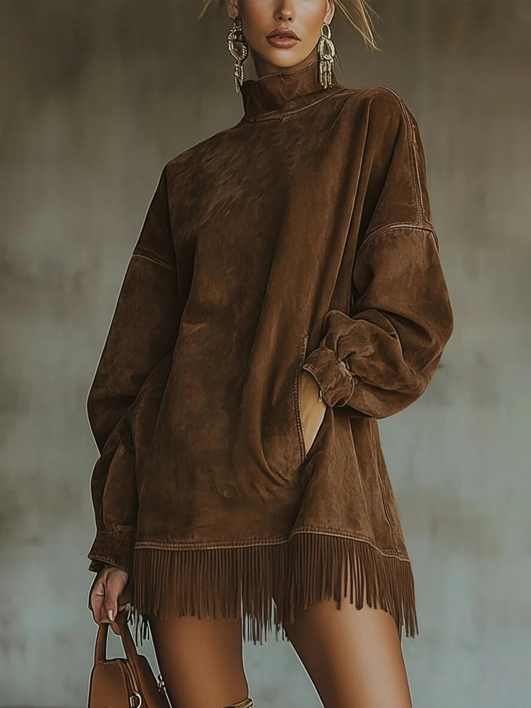 Faux Suede Turtleneck Fringe Dress in Brown — VerolynBoutique