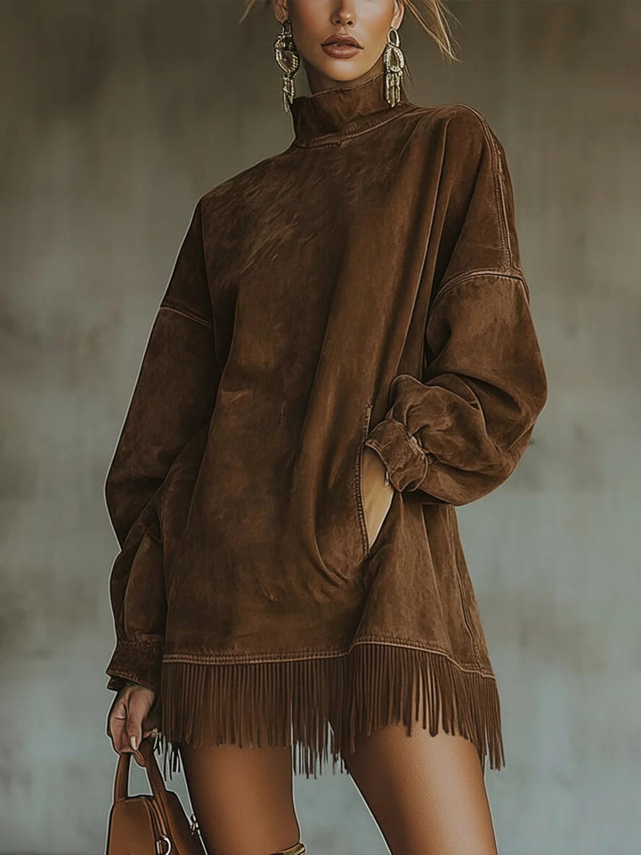 Faux Suede Turtleneck Fringe Dress in Brown — VerolynBoutique