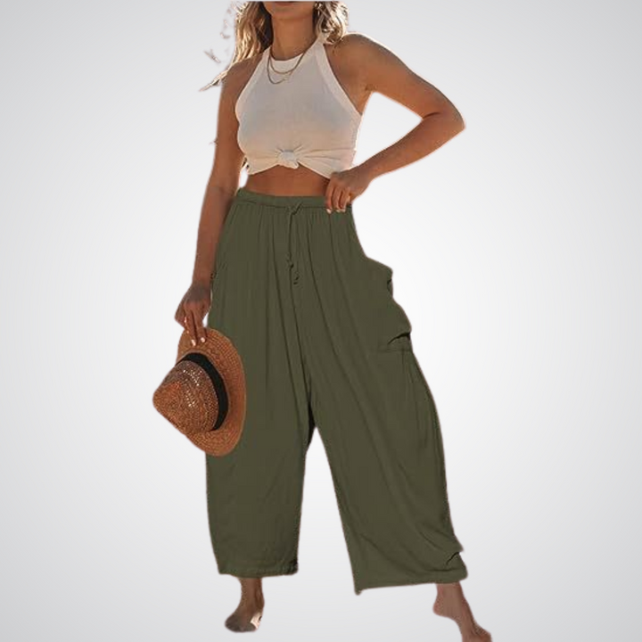 Cotton Linen Wide Leg Trousers in Olive — VerolynBoutique