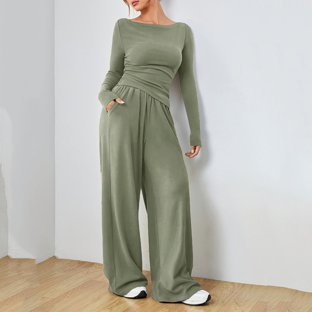 Fitted Top Wide-Leg Lounge Set in Green — VerolynBoutique