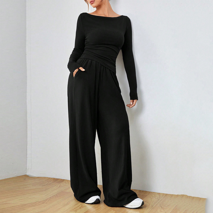 Fitted Top Wide-Leg Lounge Set in Black — VerolynBoutique