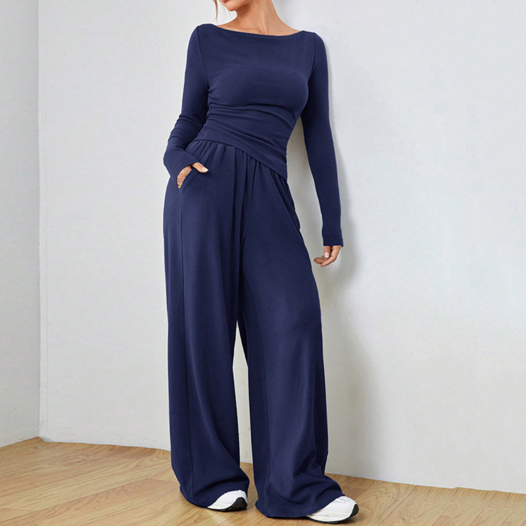 Fitted Top Wide-Leg Lounge Set in Navy — VerolynBoutique