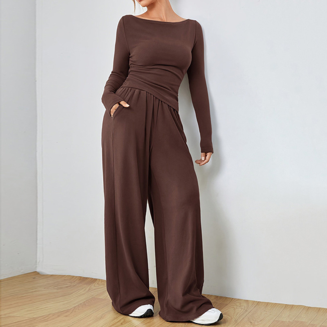 Fitted Top Wide-Leg Lounge Set in Brown — VerolynBoutique
