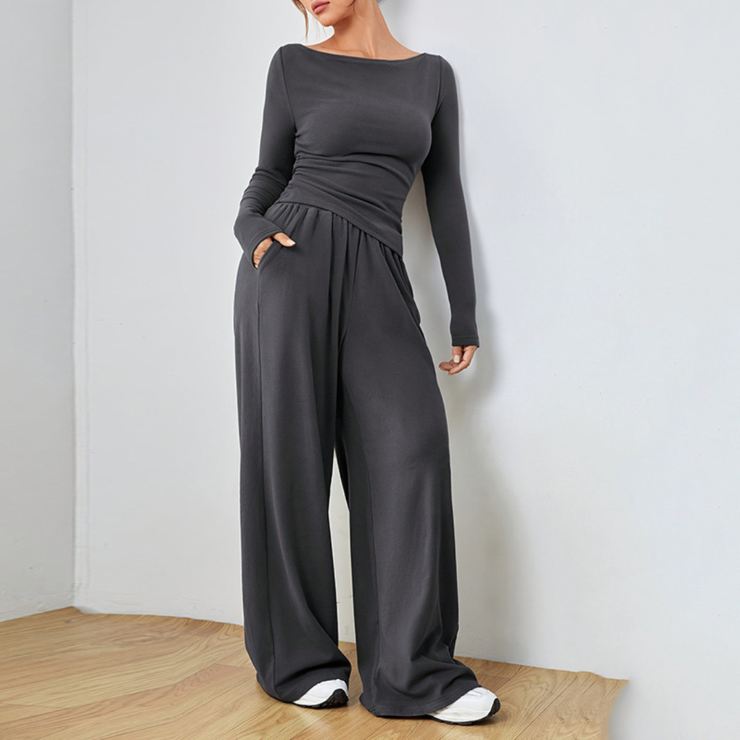 Fitted Top Wide-Leg Lounge Set in Grey — VerolynBoutique