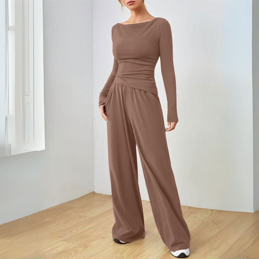 Fitted Top Wide-Leg Lounge Set in Camel — VerolynBoutique